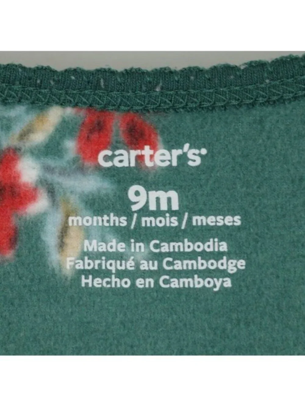 Carter's Infant Size 9 Months Green Red Floral Fleece Full Zip Footie Pajamas